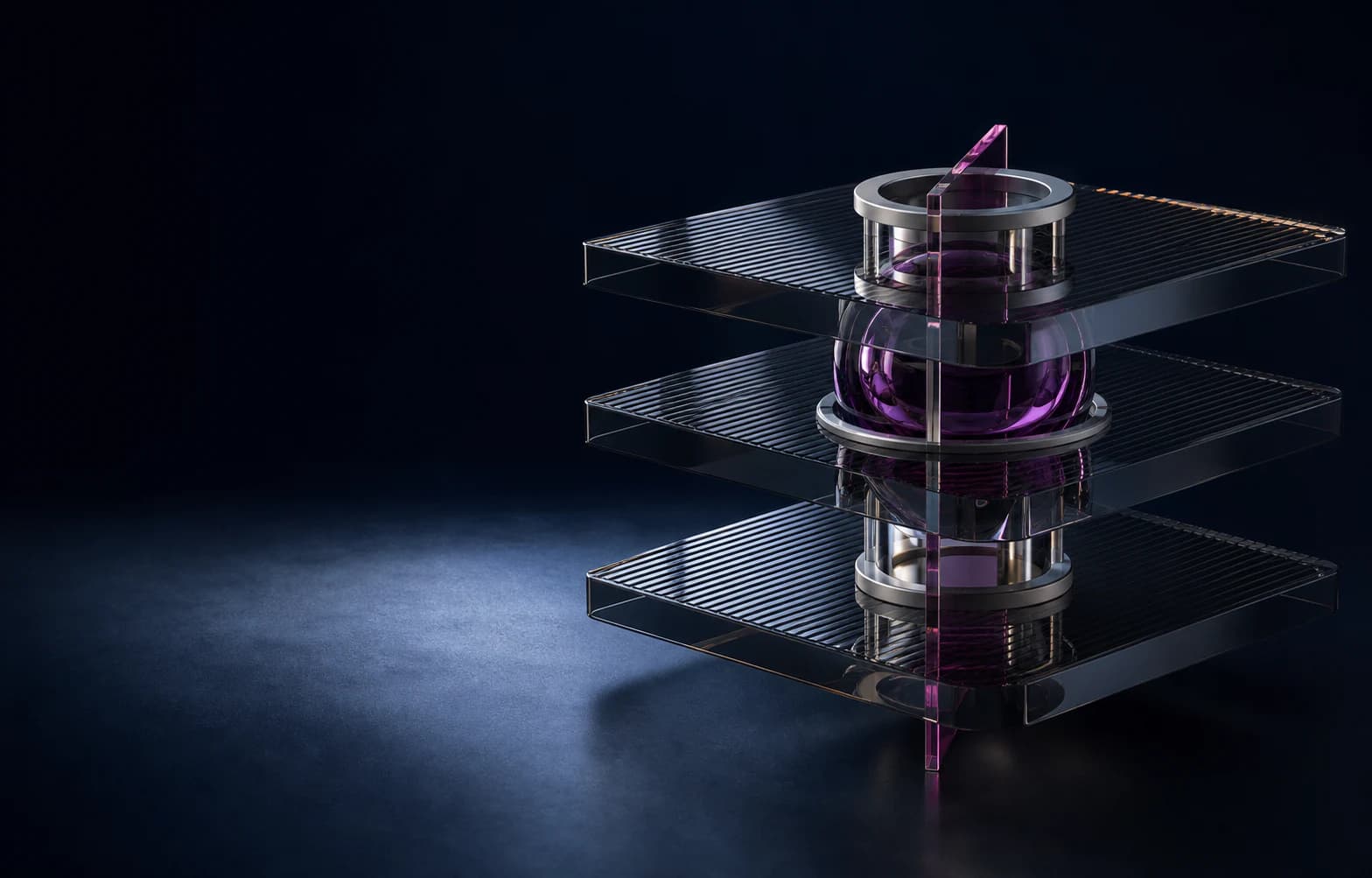 Escultura tridimensional de vidrio y metal inspirada en orden, análisis y dirección empresarial